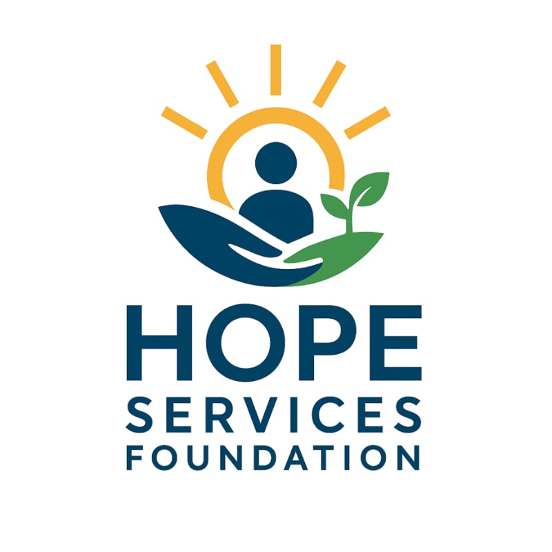 A logo with a stylized sun and hands cradling a person and a sprouting plant is set against a white background, with the words "HOPE SERVICES FOUNDATION" in dark blue text below.