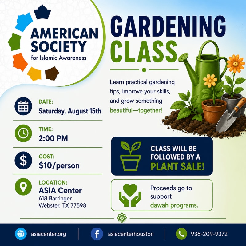 A gardening class flyer with a watering can and plants in the foreground and a blue sky with clouds in the background.