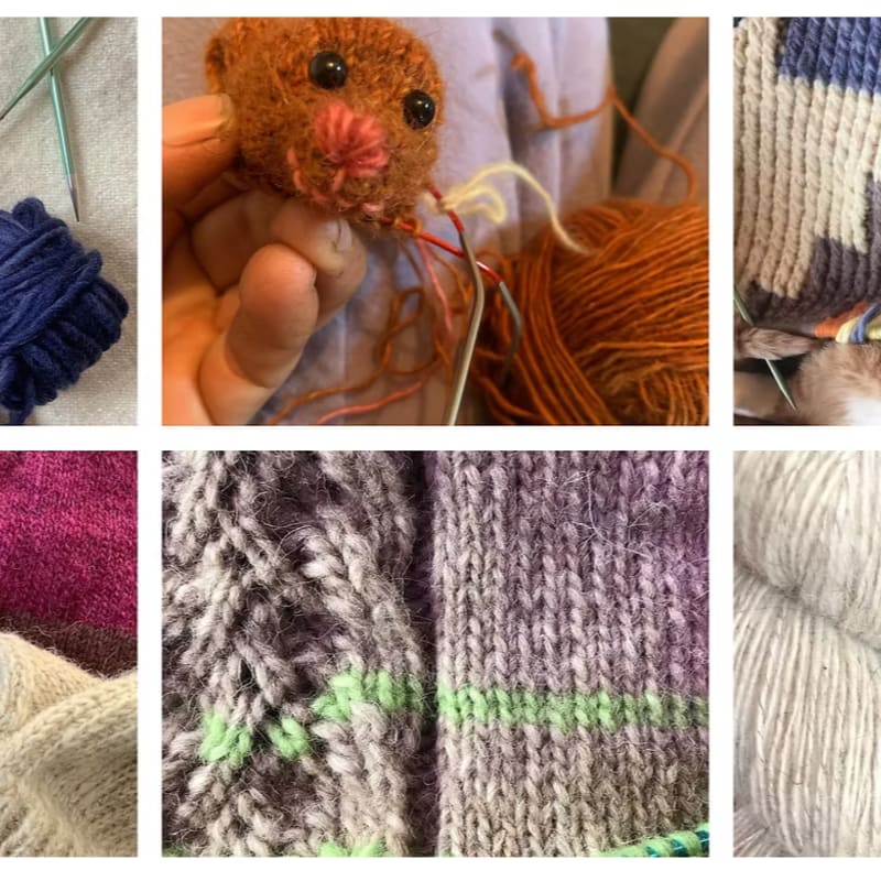 Knitting needles and yarn are in the foreground, with close-ups of knitted fabric and a small knitted bear in the background.