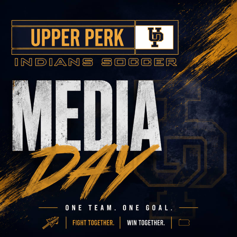 Bold white text reading "MEDIA DAY" dominates the foreground against a dark background with golden accents and the "UPPER PERK INDIANS SOCCER" logo at the top.
