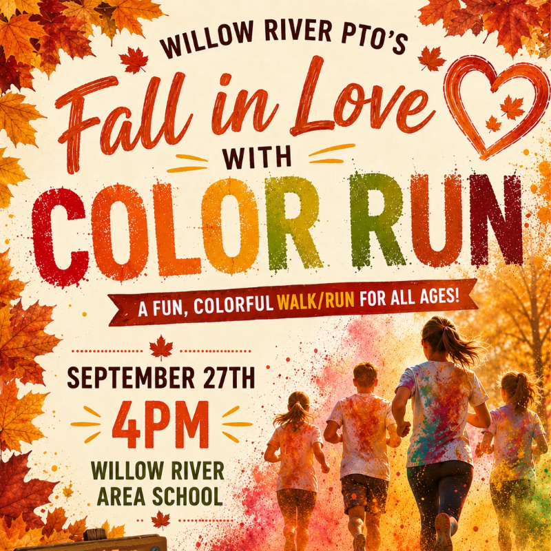 Autumn leaves frame a vibrant "Fall in Love with Color Run" announcement above a group of people running through a cloud of colorful powder.