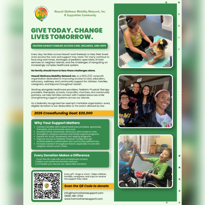 A flyer for Hawaii Wellness Mobility Network features a QR code and donation information in the foreground, with three photos of children and families in the background.
