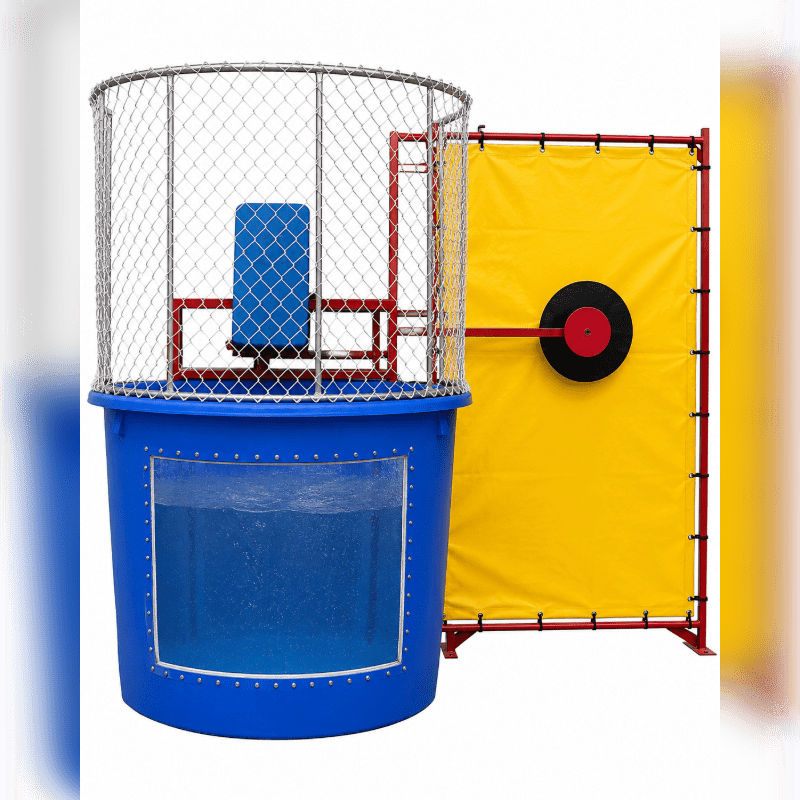 A blue dunk tank filled with water sits in the foreground, with a yellow target backdrop behind it.