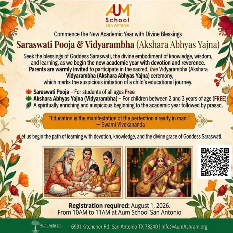 A colorful flyer announcing a Saraswati Pooja and Vidyarambha ceremony at Aum School San Antonio, featuring floral borders, religious imagery, and event details.
