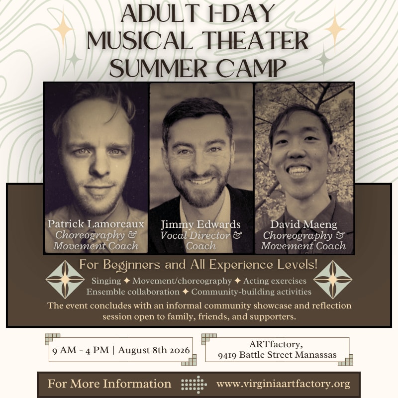 Three smiling men are featured in portraits at the top of a flyer for an adult musical theater summer camp, with event details and contact information below.