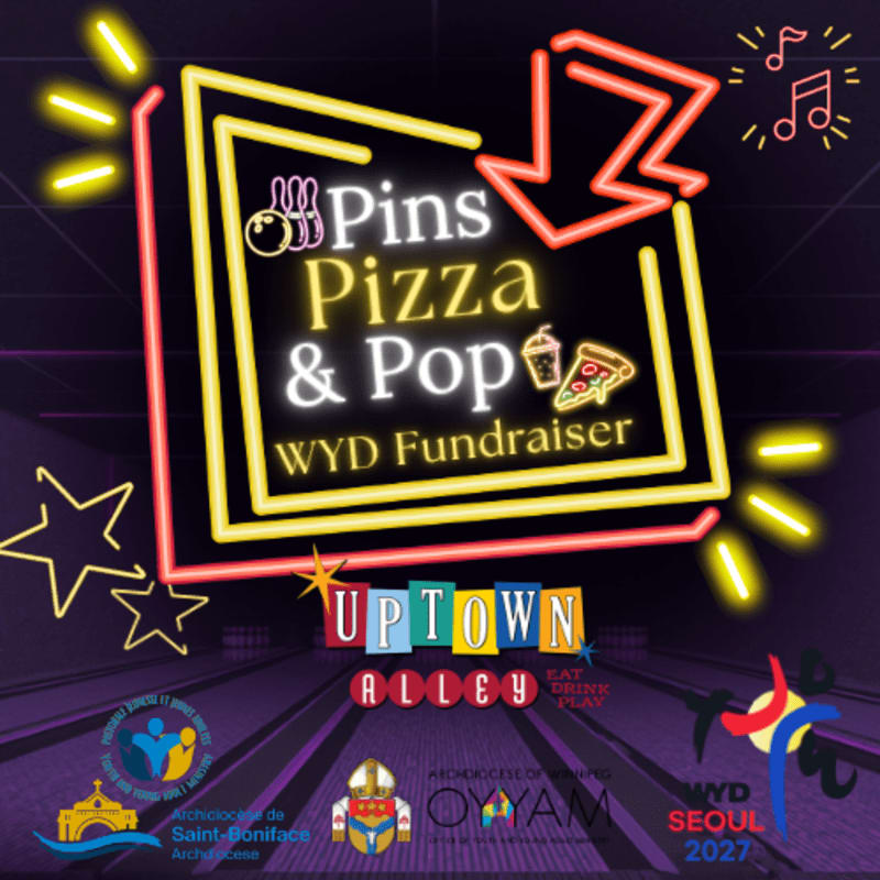 Neon signs for "Pins Pizza & Pop WYD Fundraiser" and "UPTOWN ALLEY" are in the foreground, with bowling alley graphics and event logos in the background.