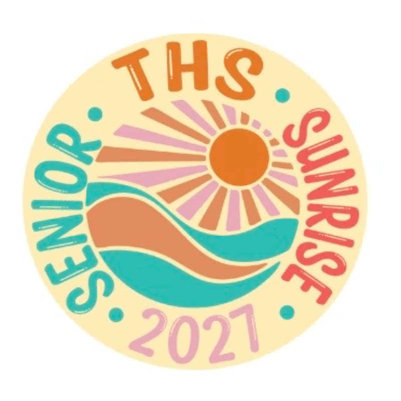 A circular graphic features a stylized sunrise over wavy water in the foreground, with the text "THS SENIOR SUNRISE 2021" encircling the scene in the background.