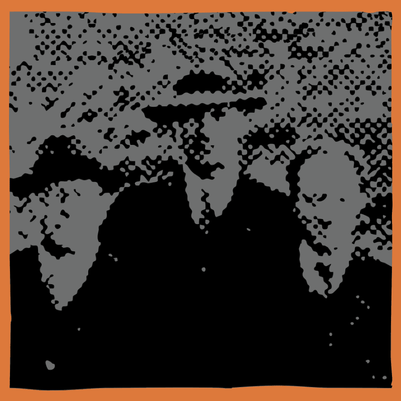Three silhouetted figures, one wearing a hat, stand against a speckled gray background within an orange border.