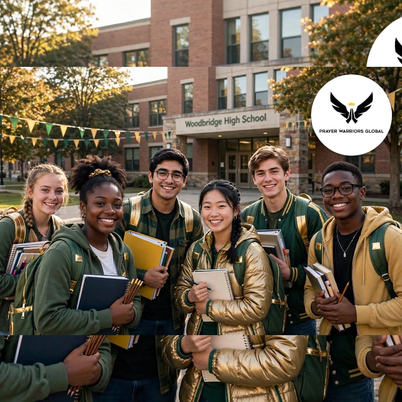 A diverse group of smiling students in the foreground stand before Woodbridge High School, with autumn foliage and school banners in the background.