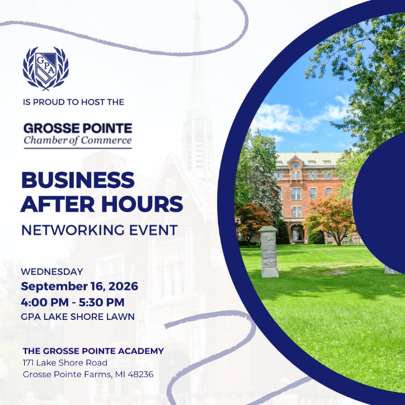 A blue and white invitation for a business networking event is overlaid on a photo of a grassy lawn with a building in the background.
