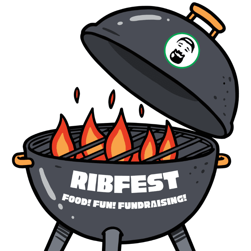 A cartoon grill with flames and the text "RIBFEST FOOD! FUN! FUNDRAISING!" is in the foreground, with a circular logo of a bearded man on the open lid in the background.