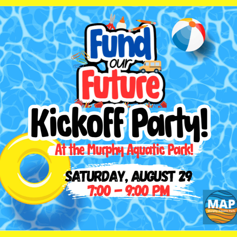 A yellow inner tube and a beach ball float on a blue, rippling pool background behind a "Fund Our Future Kickoff Party!" announcement.