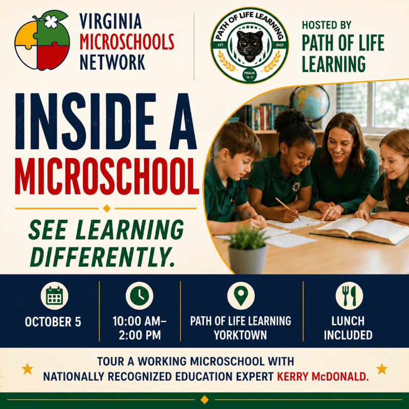 A flyer for a "Virginia Microschools Network" event on October 5th features a classroom scene in the background with students and a teacher, while the foreground displays event details.