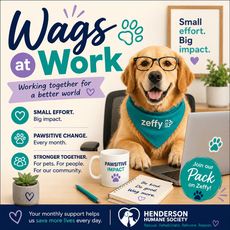 A happy golden retriever wearing glasses and a bandana sits at a desk with a laptop and notebook, while the background features text about "Wags at Work" and the Henderson Humane Society.