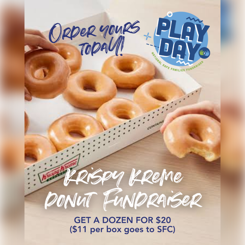 A box of glazed Krispy Kreme donuts is being held by hands, with a "Play Day" logo in the background.