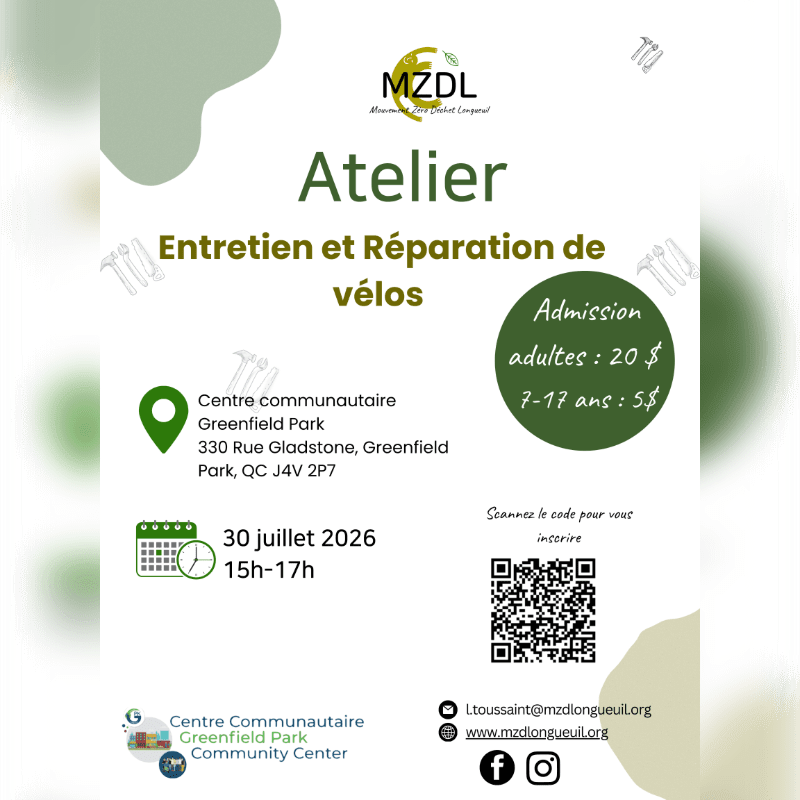 A poster advertises a bicycle maintenance and repair workshop in the foreground, with a light green background featuring scattered tool illustrations.