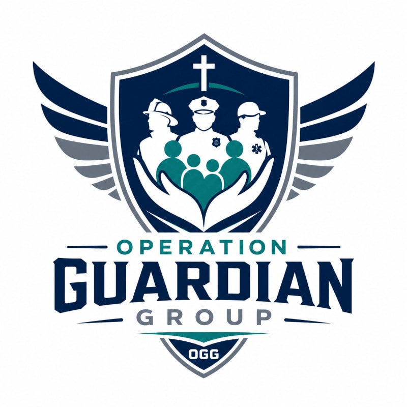 A shield with wings features three first responders above a group of people held by hands, with "OPERATION GUARDIAN GROUP" written below.