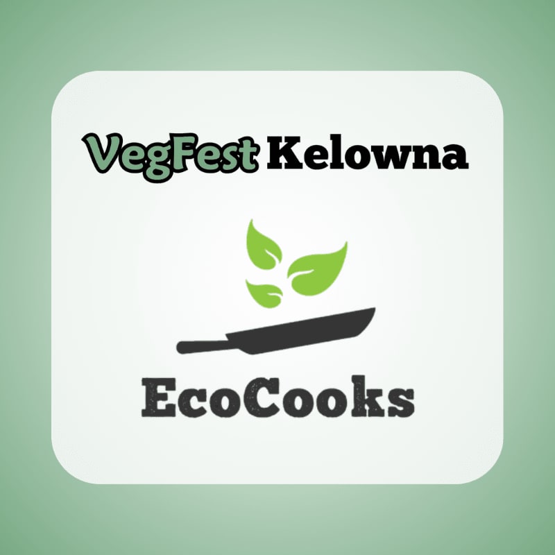 A stylized logo with "VegFest Kelowna" at the top, a frying pan with green leaves above it in the middle, and "EcoCooks" at the bottom, all set against a pale green background with rounded corners.