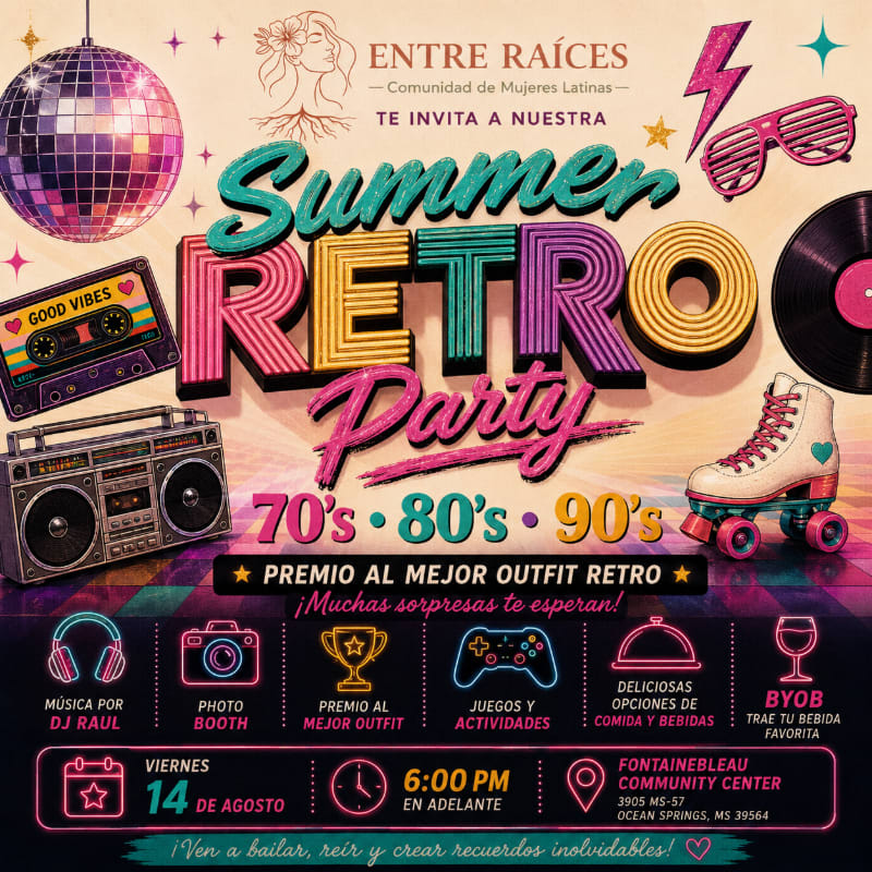 A retro-themed summer party invitation features a disco ball, cassette tape, boombox, and roller skates in the foreground, with the event details and "Entre Raíces" logo in the background.