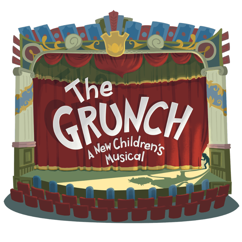 A stage with a red curtain and the title "The Grunch: A New Children's Musical" is in the foreground, while rows of empty seats are in the background.