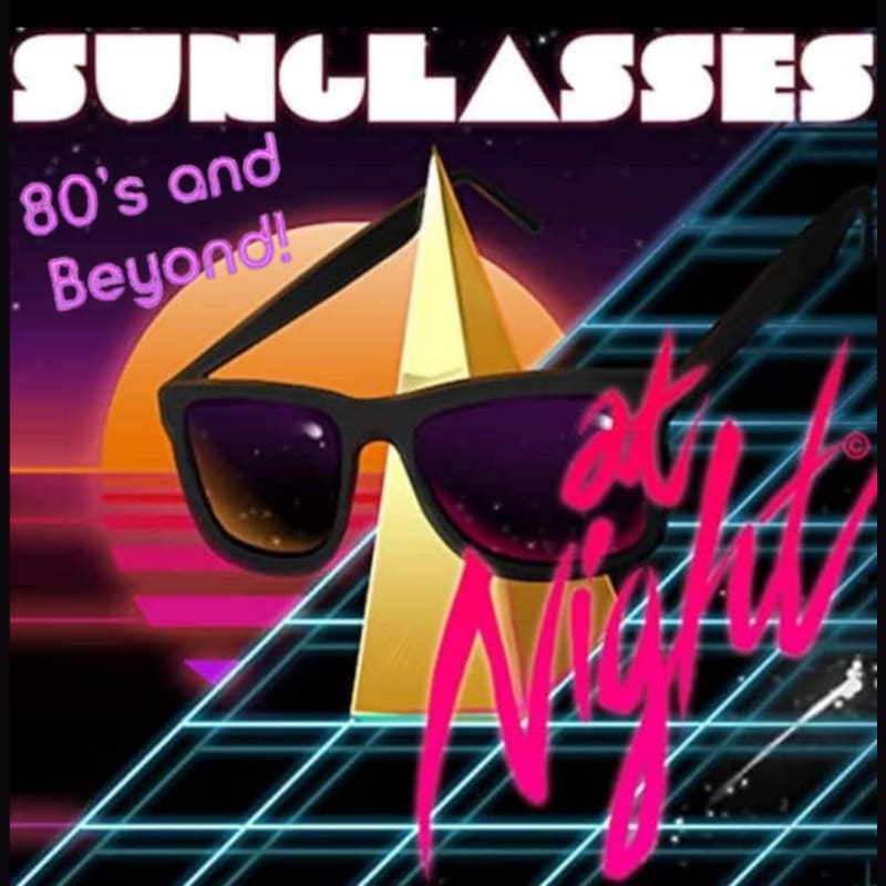 A pair of black sunglasses with purple lenses is in the foreground, set against a vibrant 80s-themed background featuring a neon grid, a sunset, and the words "SUNGLASSES at Night 80's and Beyond!".
