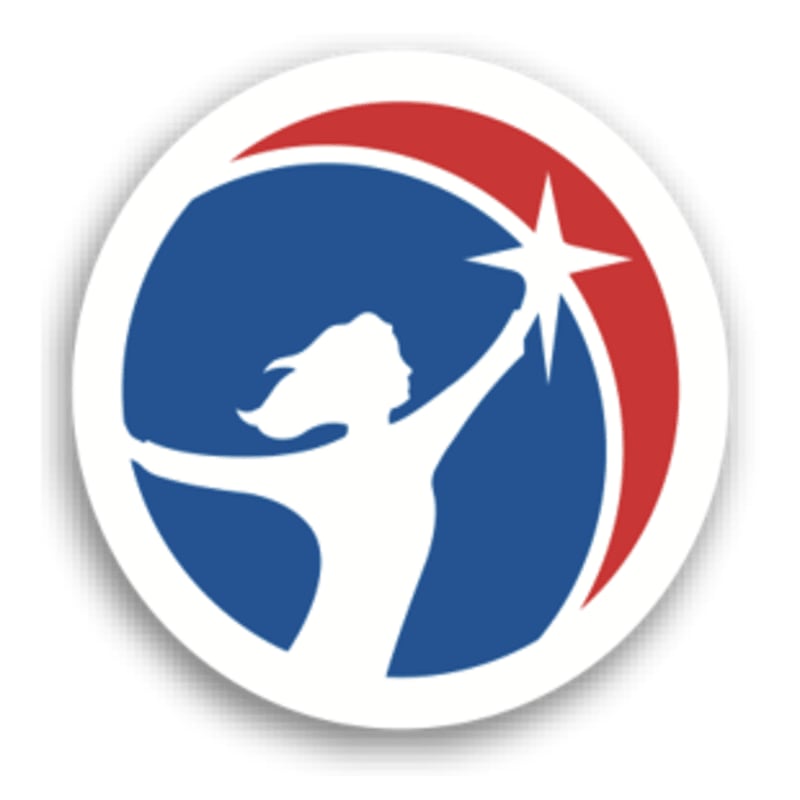 A white silhouette of a woman reaching for a star is set against a blue circle with red arcs in the background.