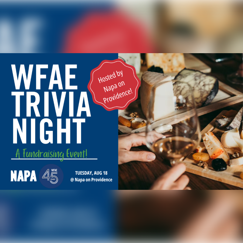 A WFAE Trivia Night fundraising event is advertised on the left, with a close-up of a cheese board and wine glass on the right.