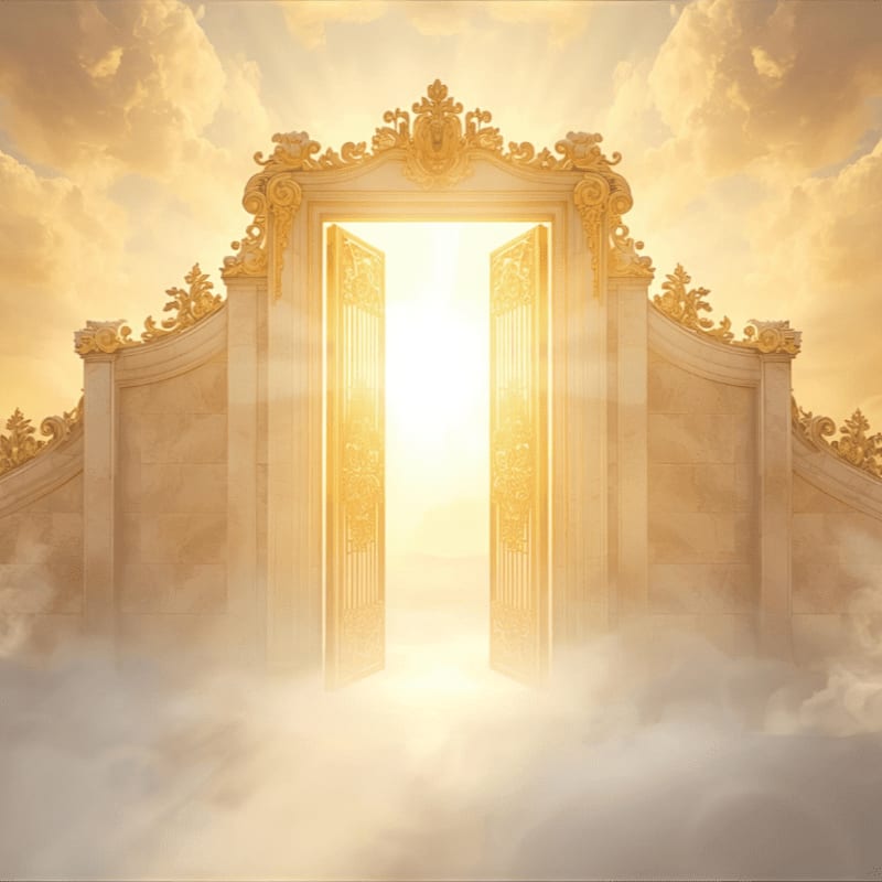 Golden gates stand open amidst clouds, revealing a bright, radiant light in the background.