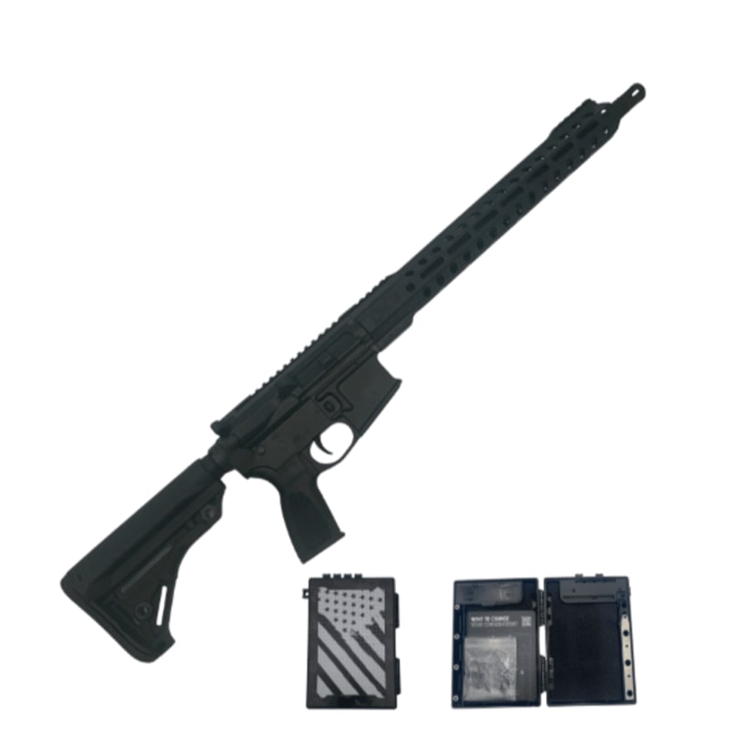 A black rifle with a magazine featuring an American flag design and an open magazine case are displayed against a white background.