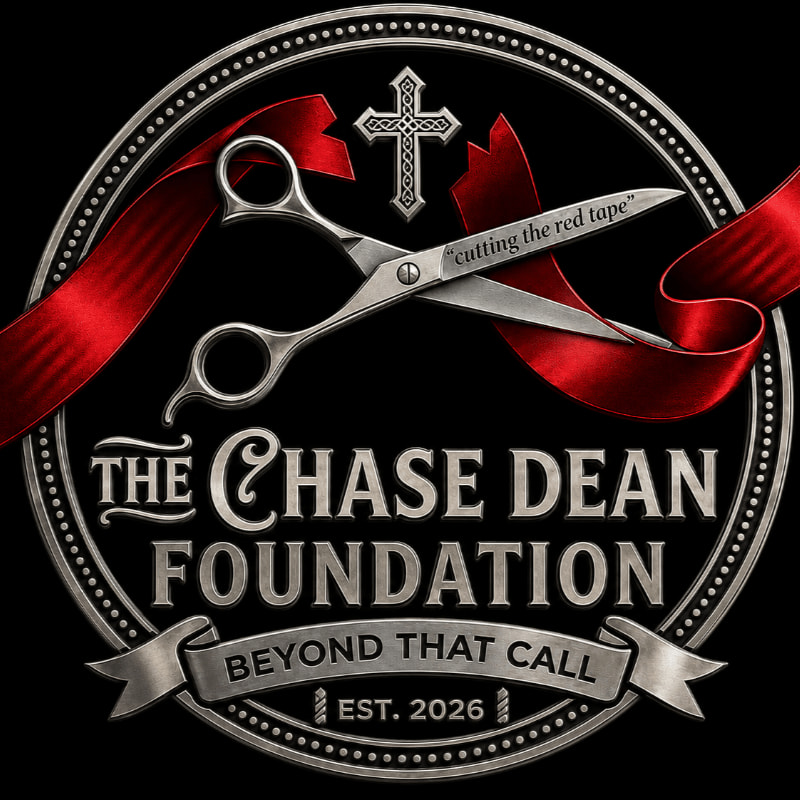 A pair of scissors cuts through a red ribbon in the foreground, with the words "THE CHASE DEAN FOUNDATION" and "BEYOND THAT CALL" visible in the background.