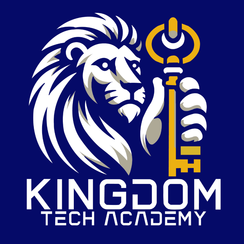 A white lion with a golden mane holds a golden key in its paw against a dark blue background with the words "KINGDOM TECH ACADEMY" below.