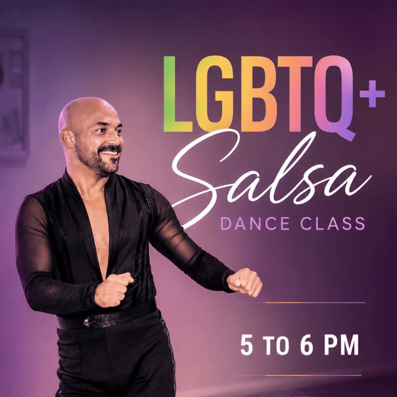 A smiling bald man in a black shirt dances in the foreground, with "LGBTQ+ Salsa Dance Class" and "5 TO 6 PM" text in the background.