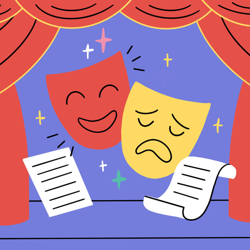 Red and yellow comedy and tragedy masks, along with scripts, are displayed on a stage with red curtains and a blue backdrop adorned with stars.