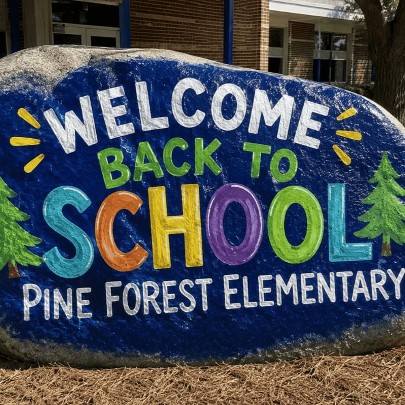 A large, painted rock with "WELCOME BACK TO SCHOOL PINE FOREST ELEMENTARY" written on it sits in front of a brick building.