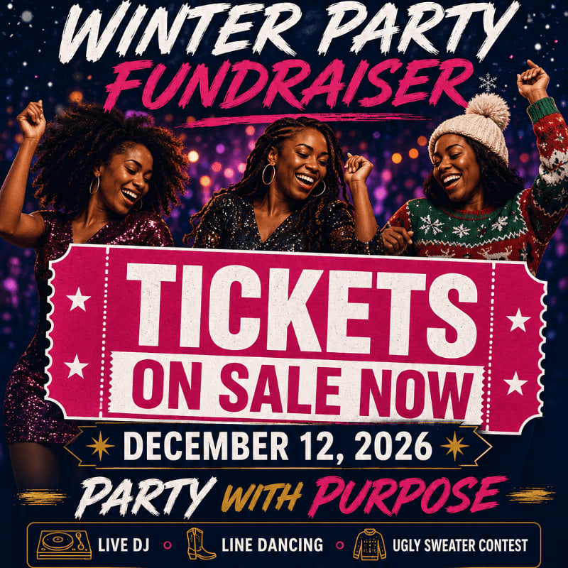 Three women joyfully dance in the foreground against a blurred, festive background advertising a winter party fundraiser.