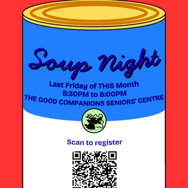 A blue and white soup can with "Soup Night" and event details is centered on a red background, with a QR code at the bottom.