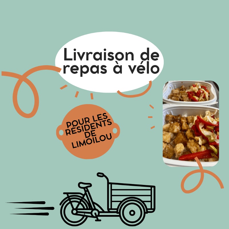 A bicycle with a cargo box speeds across a teal background, delivering two containers of food, with text in French announcing "Livraison de repas à vélo" and "Pour les résidents de Limoilou."