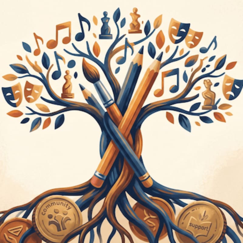 A stylized tree of arts, with musical notes, theater masks, and chess pieces as leaves, is rooted in coins labeled "community" and "support."