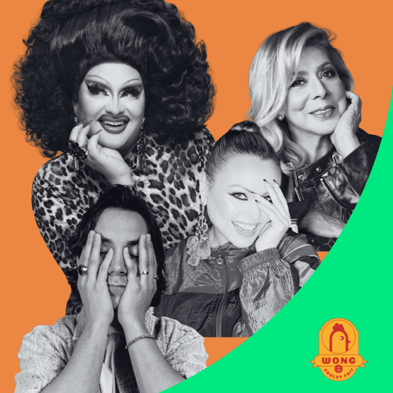 Four individuals, including a drag queen and two women, pose with their hands on their faces against an orange background with a green curved overlay.