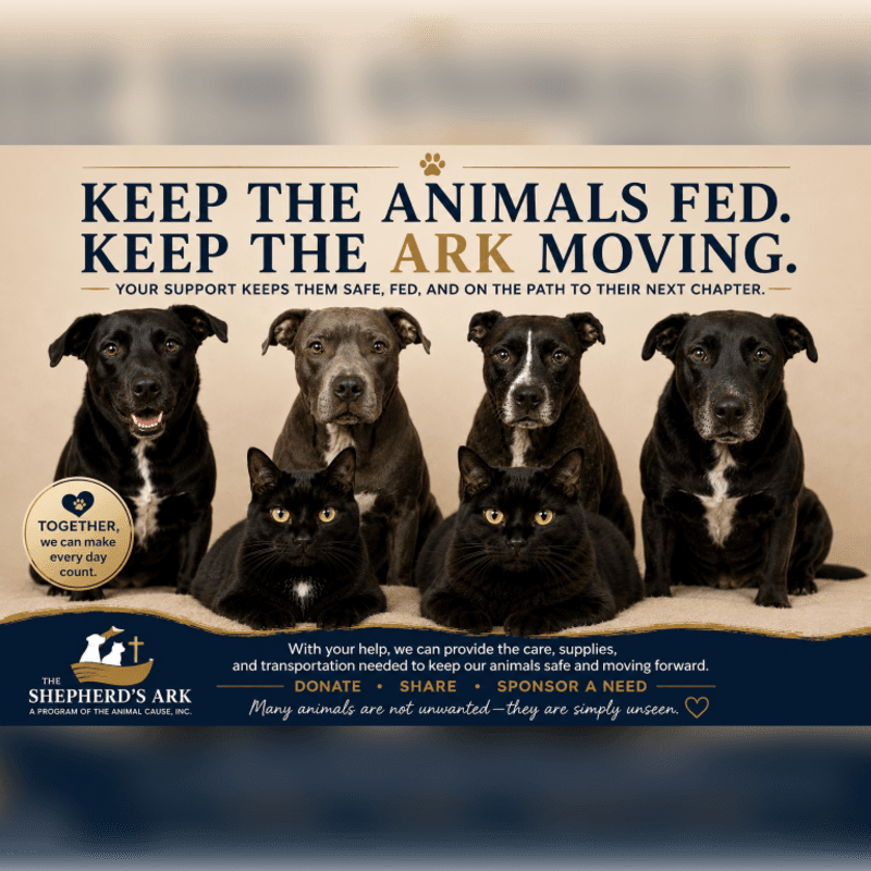 Six dogs and two cats sit on a textured surface in the foreground, with a beige background featuring text about keeping animals fed and moving.