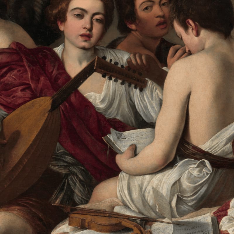 A young man in a red robe plays a lute in the foreground, while other figures are gathered behind him in the background.