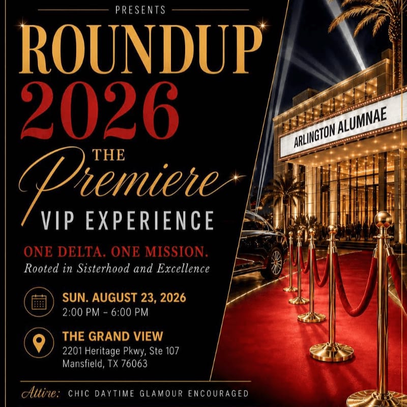 A red carpet leads to a grand building with "ARLINGTON ALUMNAE" written above the entrance, while the foreground features event details for "ROUNDUP 2026 THE Premiere VIP EXPERIENCE."