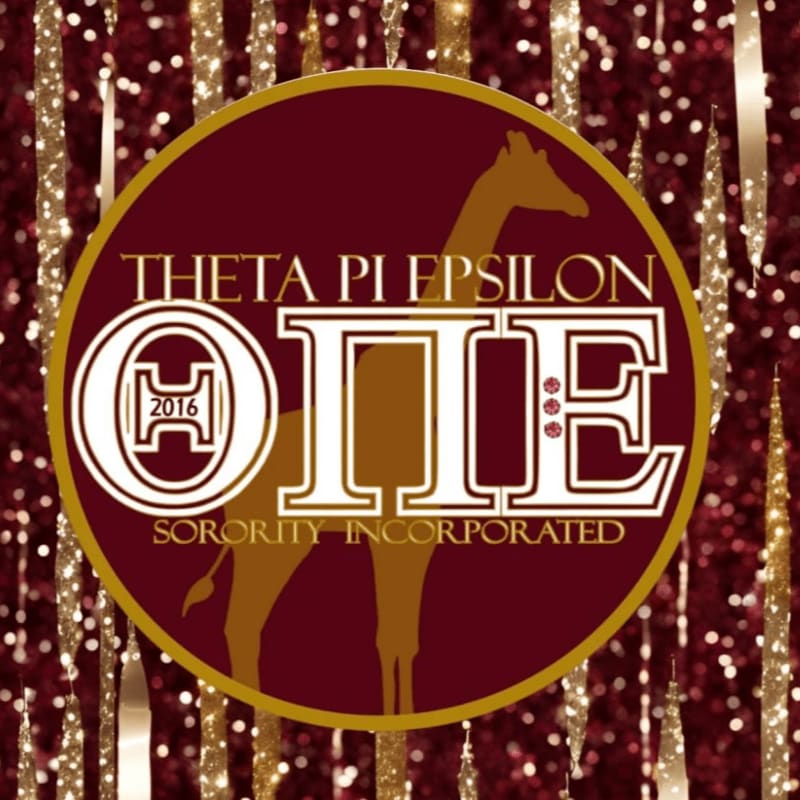 A maroon circle with the Greek letters Theta Pi Epsilon and a giraffe silhouette is centered against a backdrop of shimmering gold and maroon streamers.