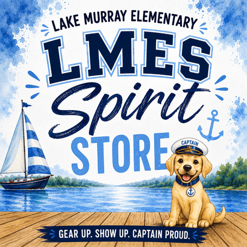 A happy golden retriever wearing a captain's hat sits on a wooden dock in the foreground, with a sailboat on a lake and the words "LMES Spirit Store" in the background.