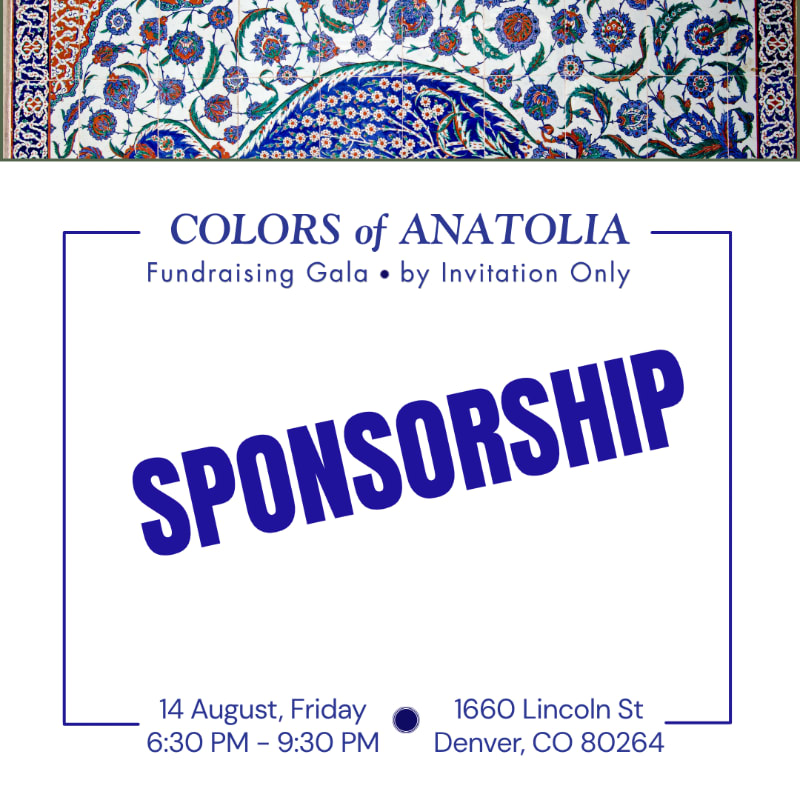 A colorful tiled pattern forms the background for a white card advertising a "Colors of Anatolia" fundraising gala with "Sponsorship" prominently displayed in the foreground.