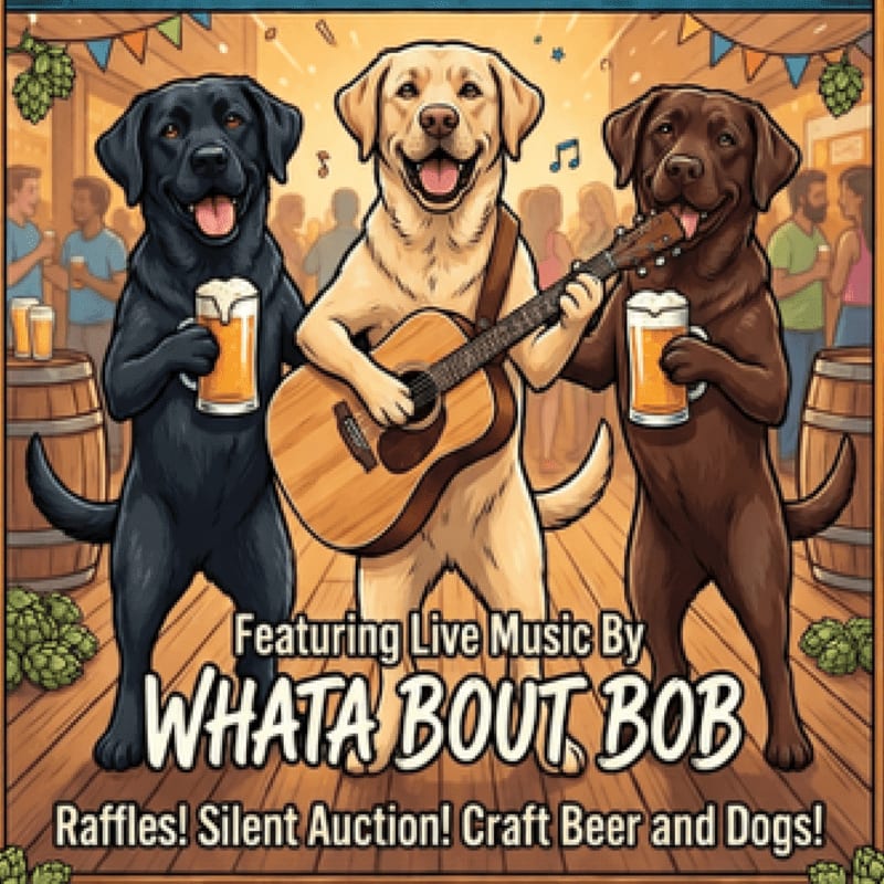 Three dogs, two holding beers and one playing guitar, stand on a wooden stage in front of a crowd at a craft beer event.