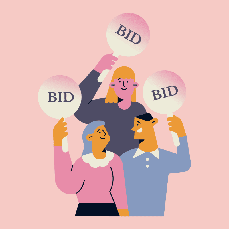 Three people hold up signs that say "BID" against a soft pink background.
