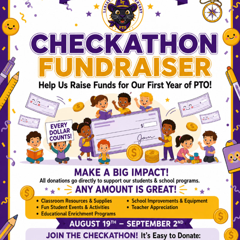Children gather around a giant check in the foreground, while a colorful border with school-themed illustrations frames the background of this fundraiser poster.