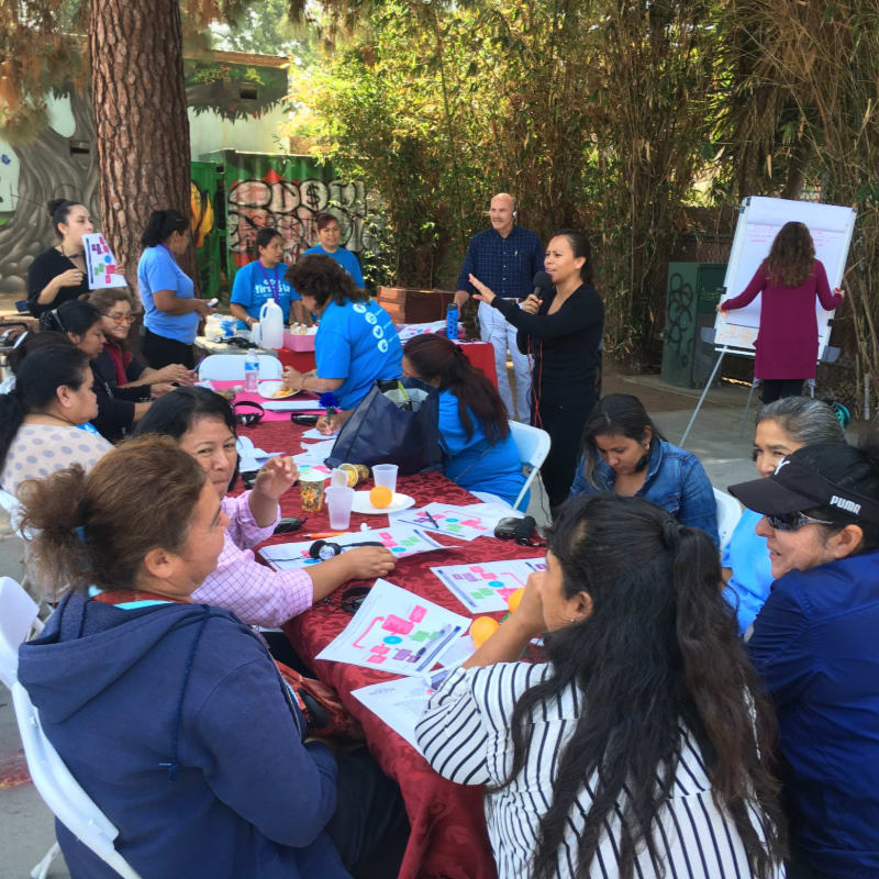 A group of women are gathered around a table with papers and drinks in the foreground, while a man and other women stand near a whiteboard in the background, with trees and a mural visible behind them.