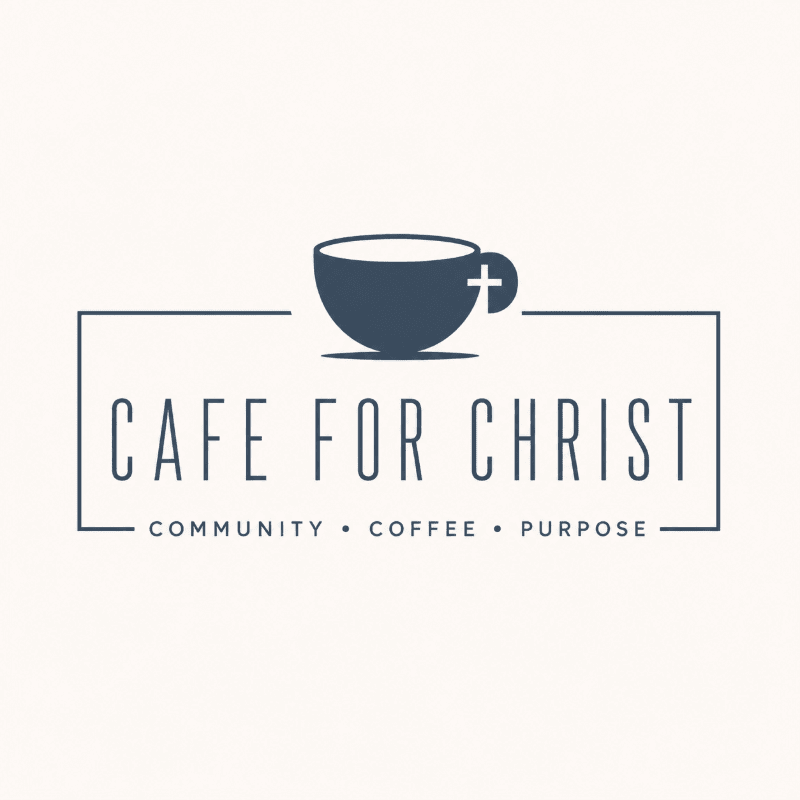 A dark blue coffee cup with a cross on it sits above the words "CAFE FOR CHRIST" within a rectangular frame, all set against a light cream background with small dots.